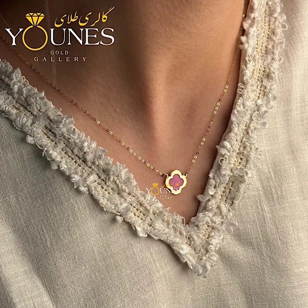 گردنبند میناکاری ونکلیف صورتی گلی طلا